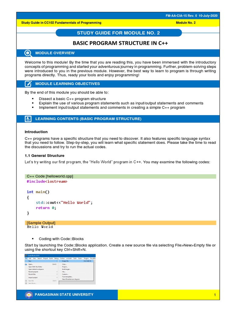 Basic Program Structure in C++: Study Guide For Module No. 2 | PDF ...