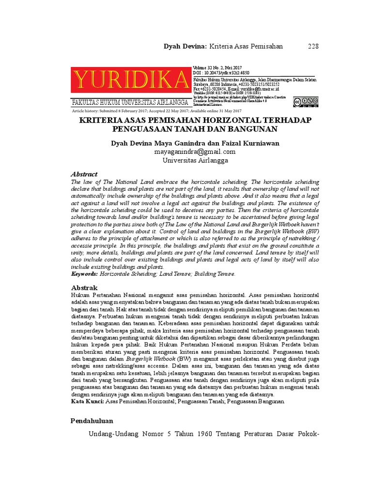 Yuridika: Kriteria Asas Pemisahan Horizontal Terhadap Penguasaan Tanah ...