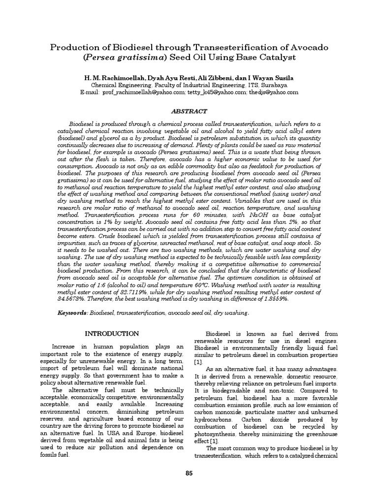 Biodiesel from Avocado Seed Oil Production | PDF | Biodiesel | Diesel Fuel