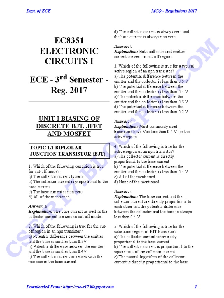 Ec8351 Electronic Circuits I MCQ PDF Bipolar Junction Transistor