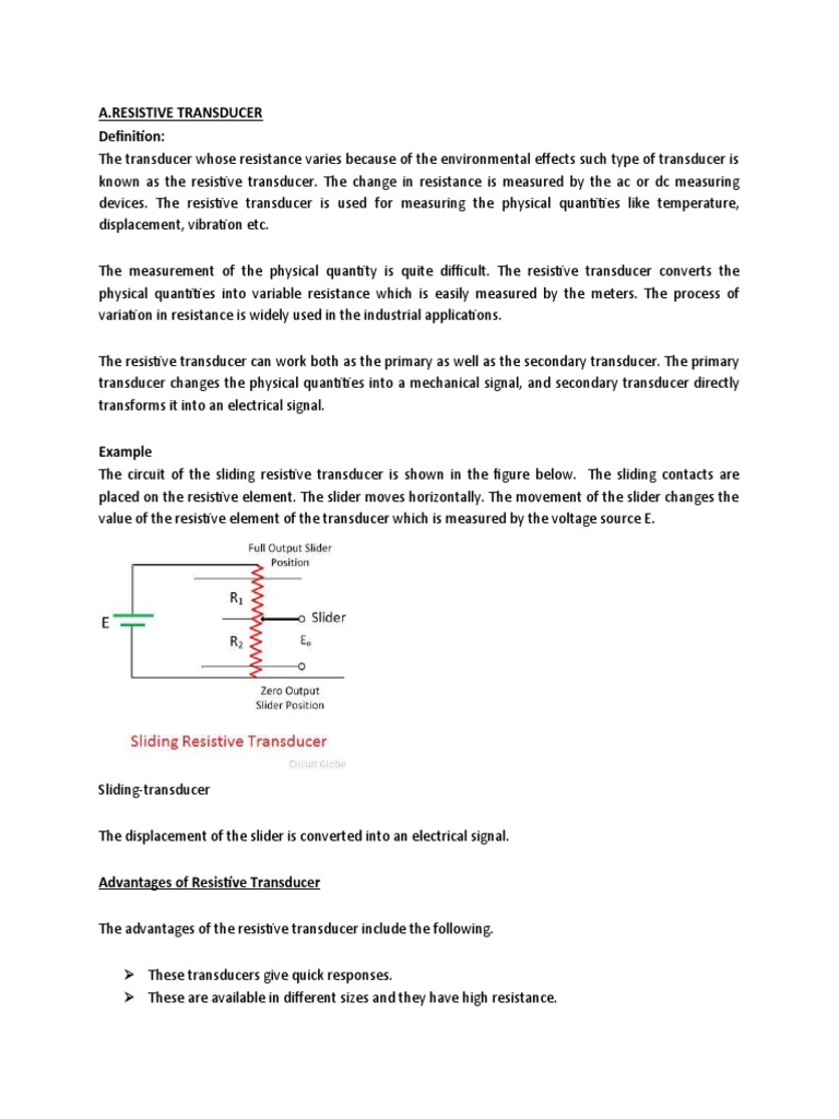 Resistive Transducer Notes PDF Electrical Resistivity And