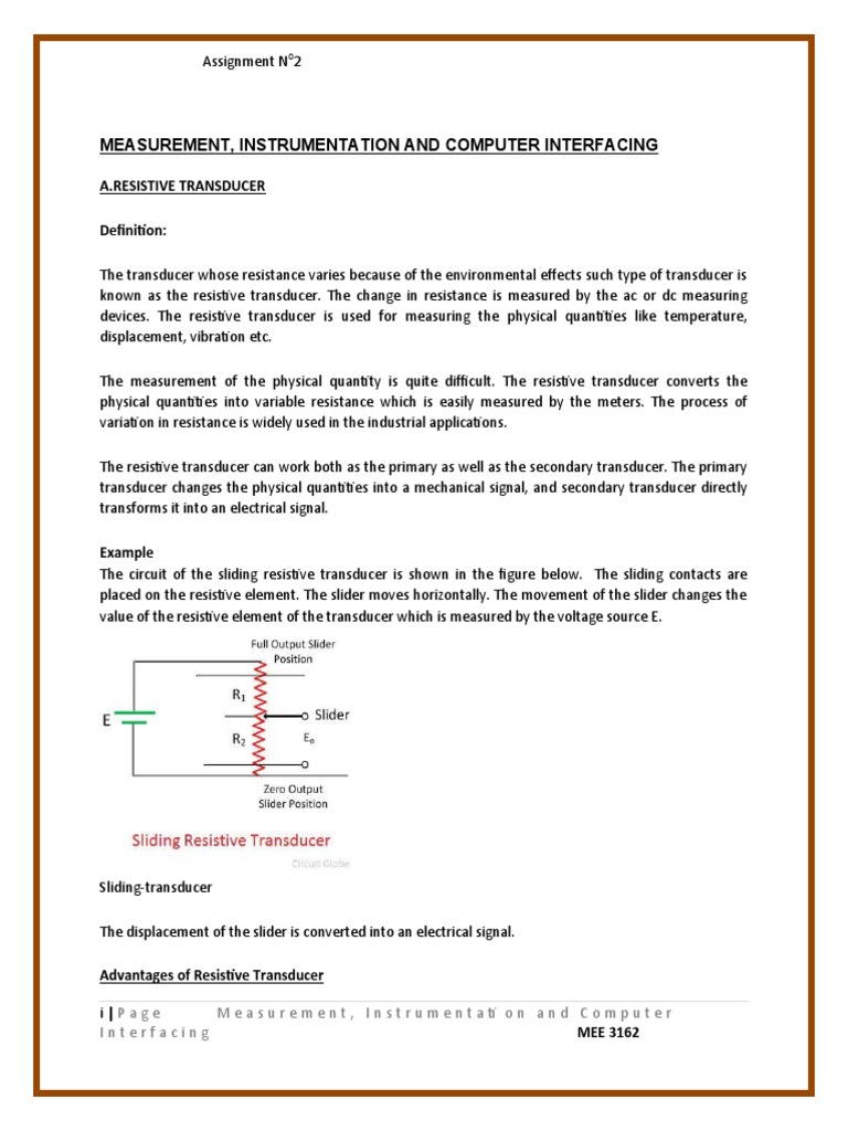 Measurement, Instrumentation and Computer Interfacing A.Resistive