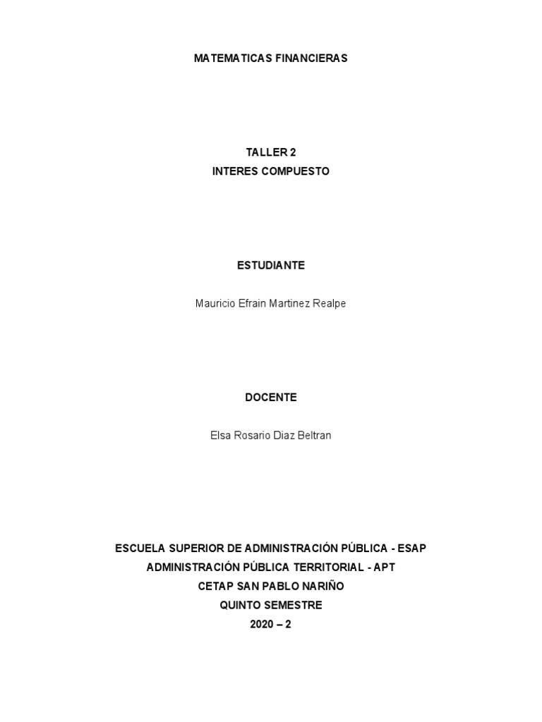 Interés Compuesto: Taller de Matemáticas Financieras | PDF | Economias ...