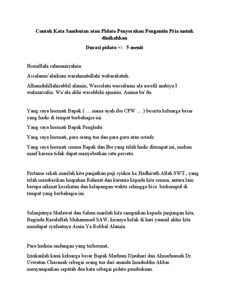 Contoh Kata Sambutan Atau Pidato Penyerahan Pengantin Pria Untuk