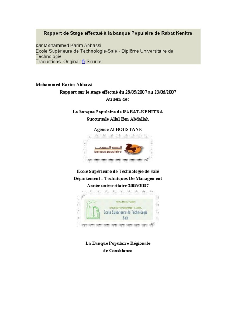 Rapport de Stage banque Populaire Rabat