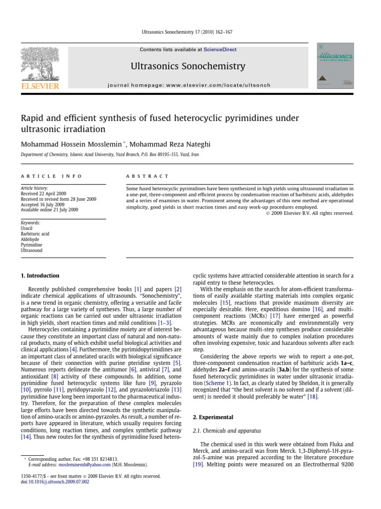 Ultrasound Synthesis of Pyrimidine Derivatives | PDF | Heterocyclic ...