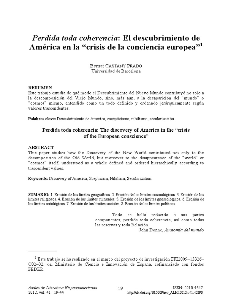 Castany Prado Bernat. El Descubrimiento de América en La Crisis de La Conciencia Europea PDF