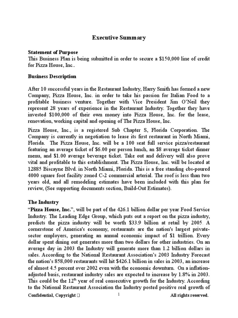 Executive Summary Pizza House PDF Expense Recession
