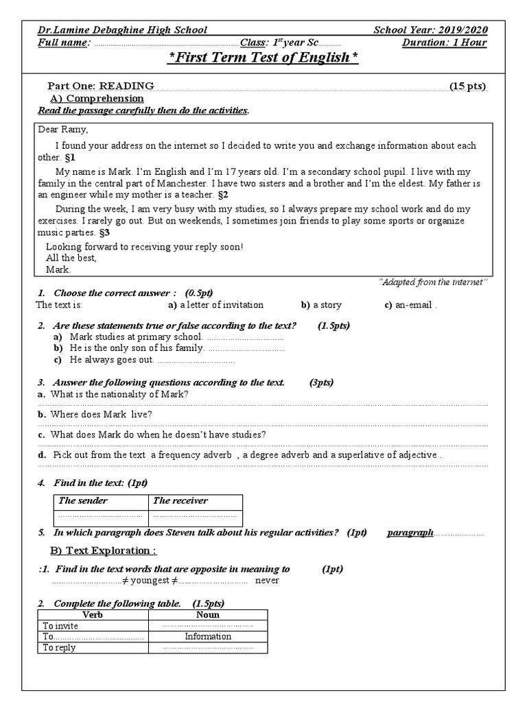 First Term English Test for 1st Year Students | PDF | Adverb | Morphology