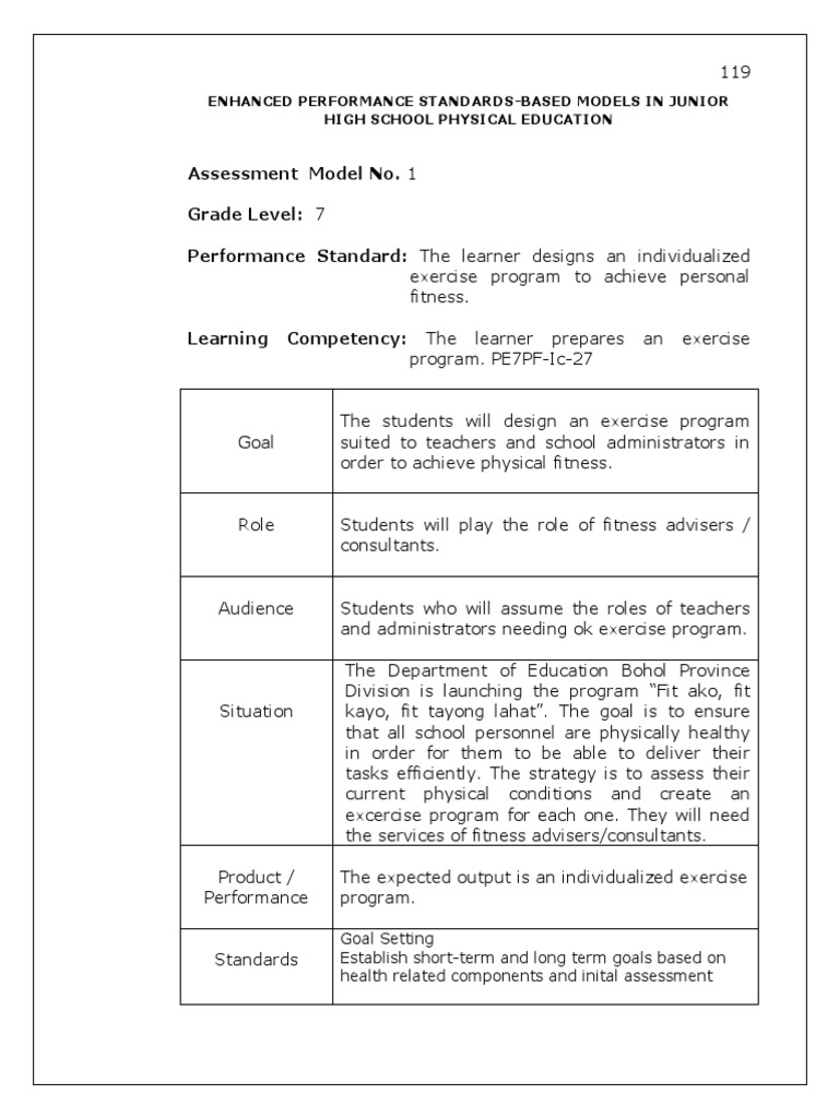 Assessment Model No. 1 Grade Level 7 Performance Standard The Learner