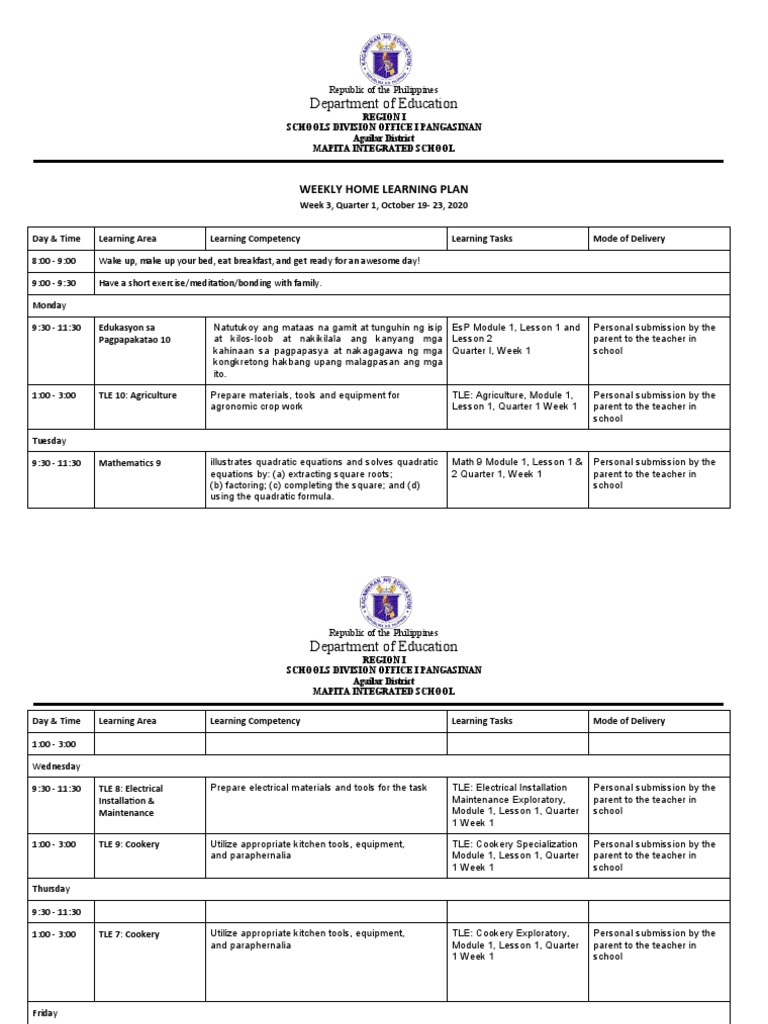 Department of Education: Weekly Home Learning Plan | PDF | Quadratic ...