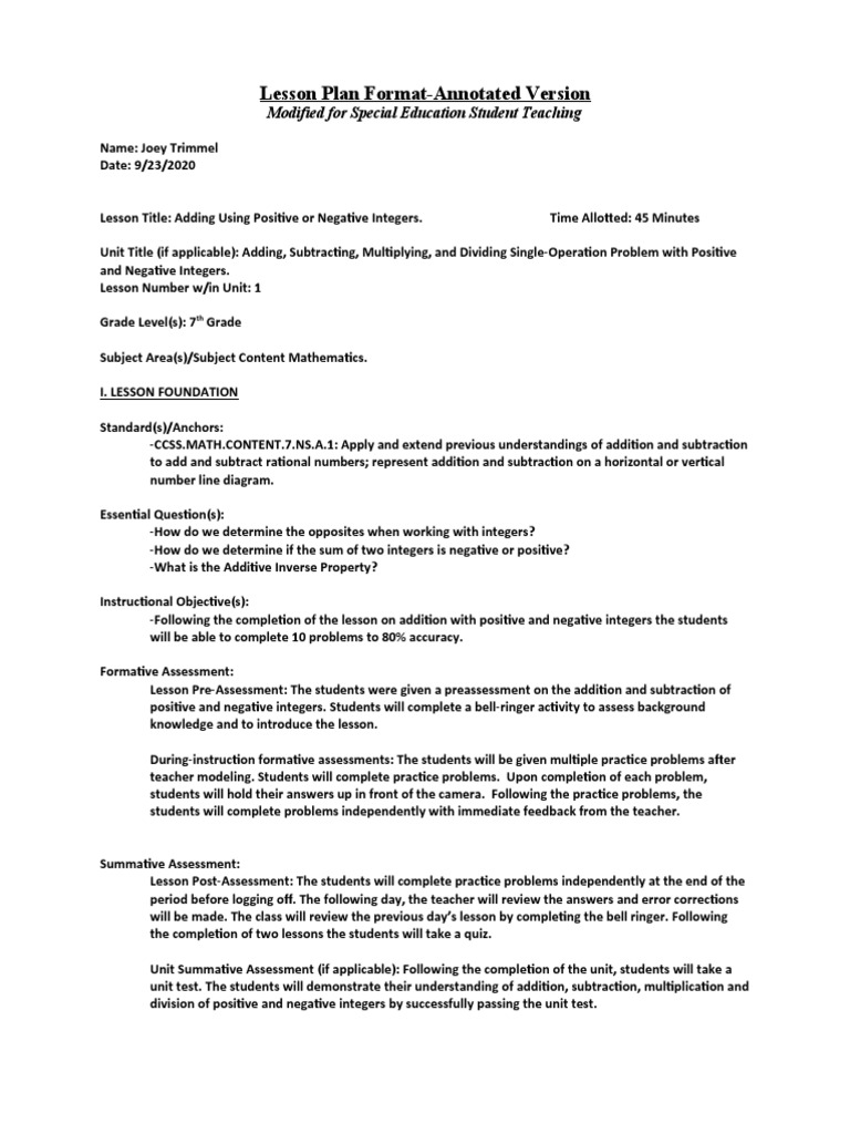 Special Ed Lesson Plan: Adding Integers | PDF | Educational Assessment ...