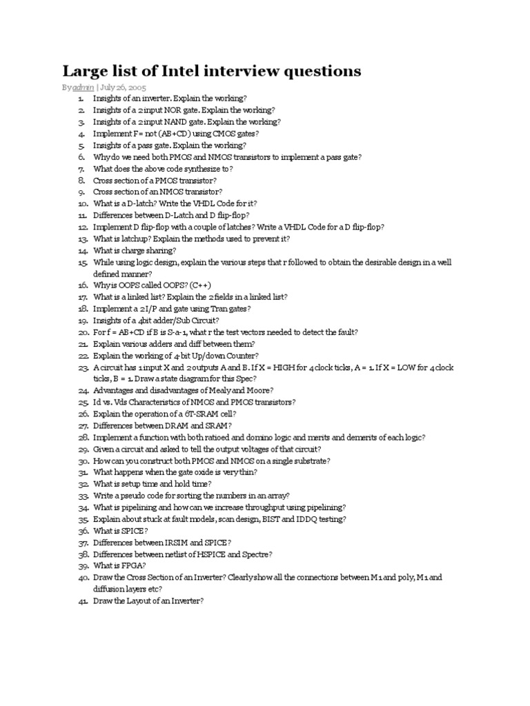Large list of Intel interview questions Cmos Logic Gate Free 30
