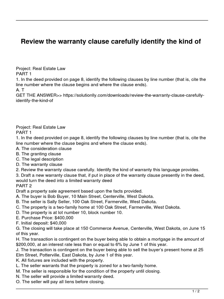 Review The Warranty Clause Carefully Identify The Kind of PDF Deed