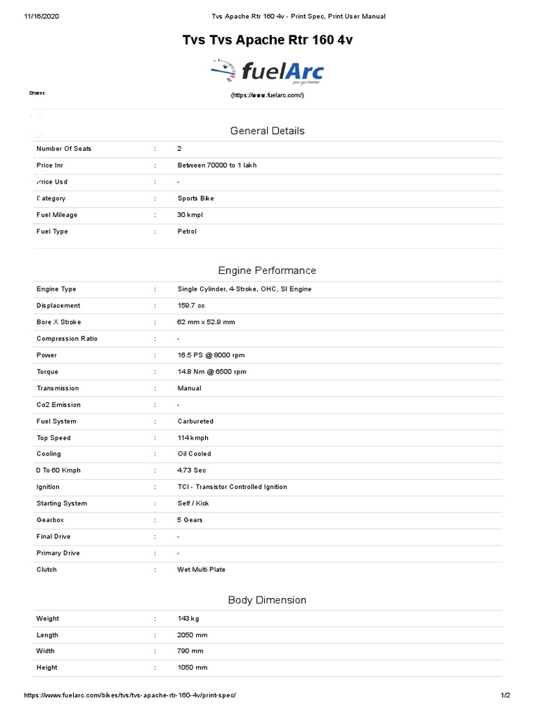 Tvs Apache RTR 160 4v Print Spec, Print User Manual PDF