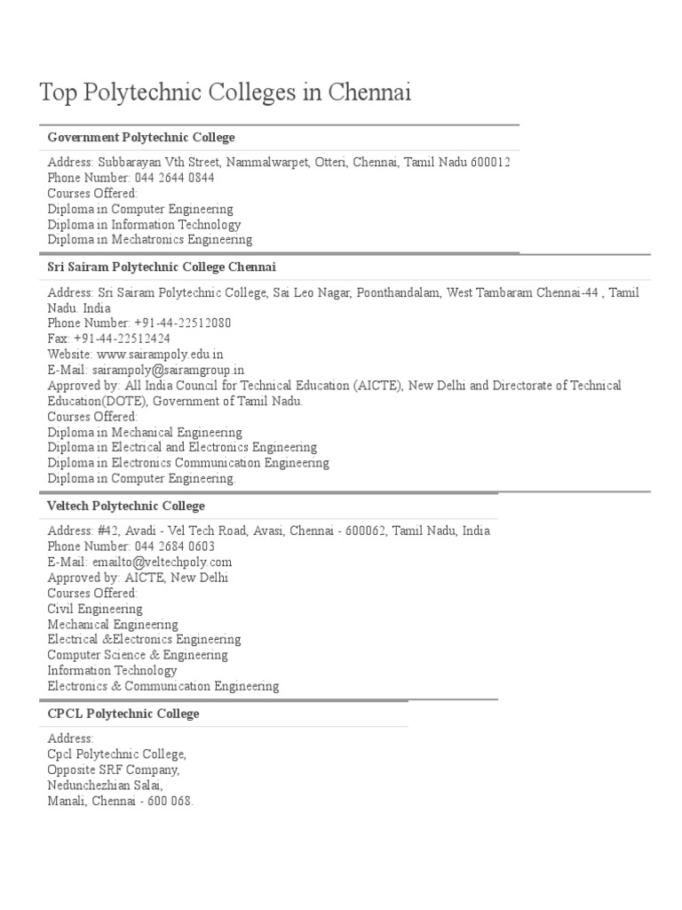 List of Top Polytechnic Colleges in Chennai and Their Details PDF