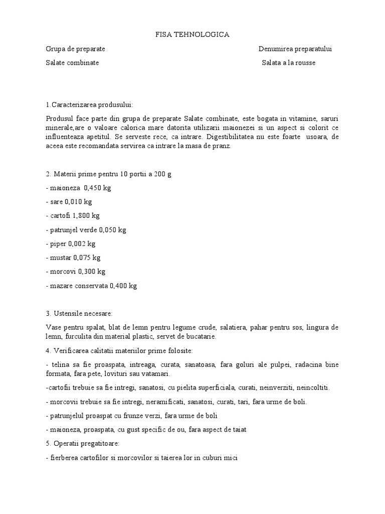 FISA TEHNOLOGICA Salata Al La Rousse | PDF