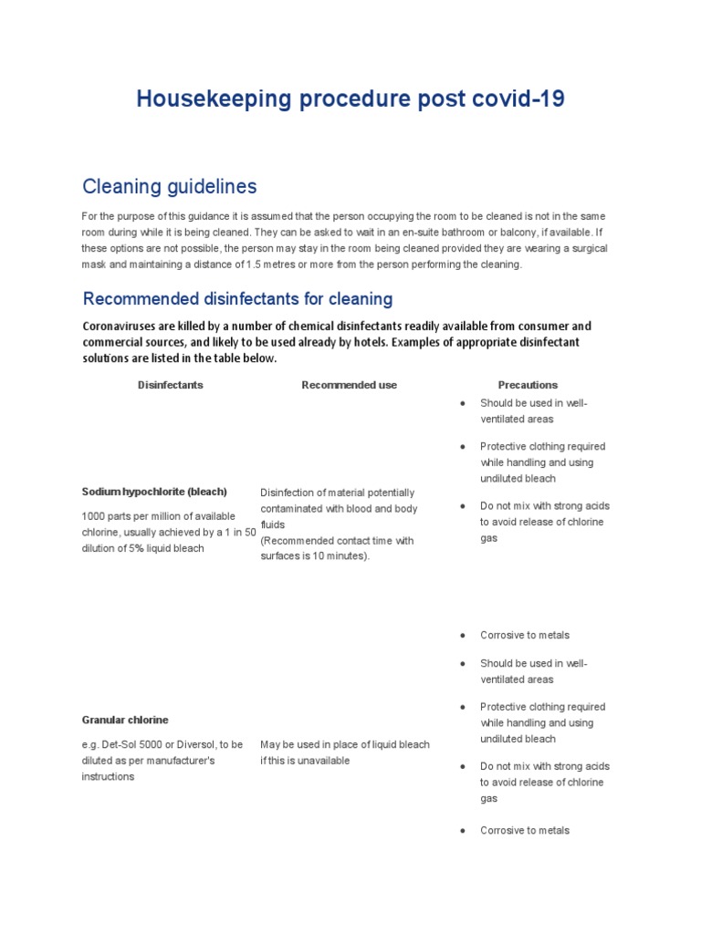 Housekeeping Guest Room Cleaning Procedure Post Covid | PDF | Chlorine ...