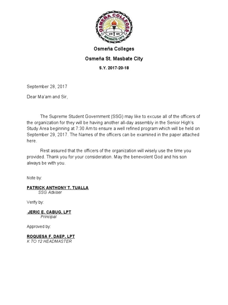 SSG Excuse Letter for Assembly Event | PDF