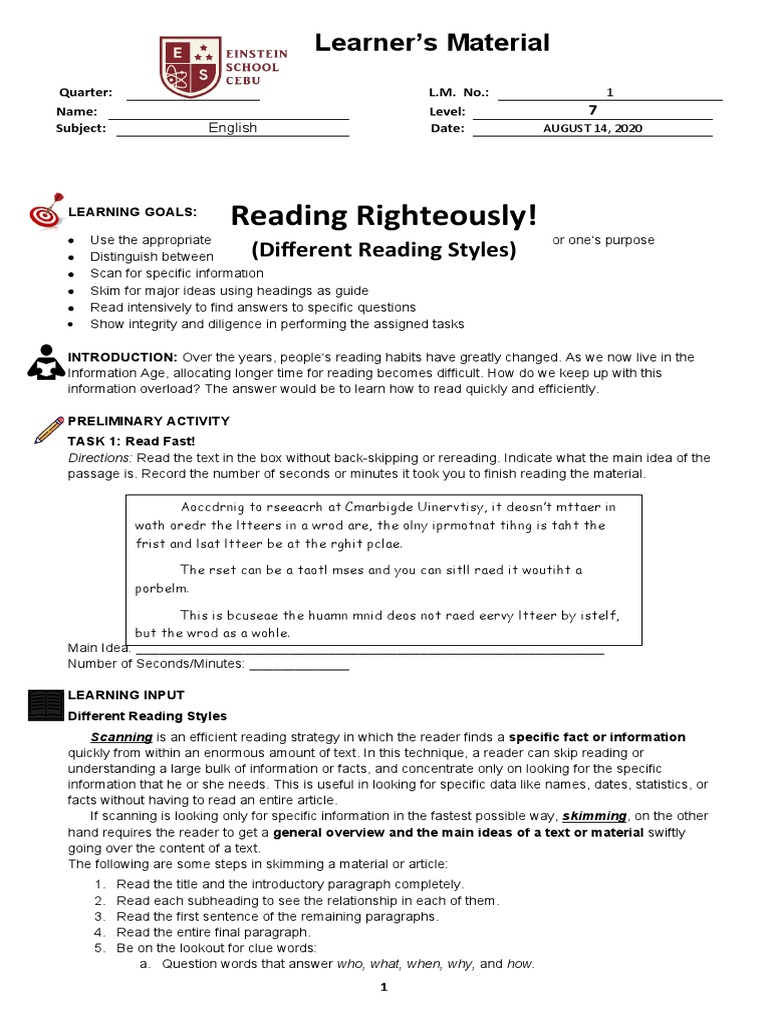 Different Reading Styles PDF Speed Reading Cognition