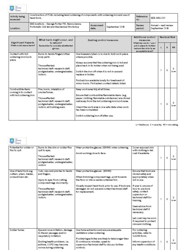 Soldering Health and Safety Assessment | PDF | Soldering | Risk