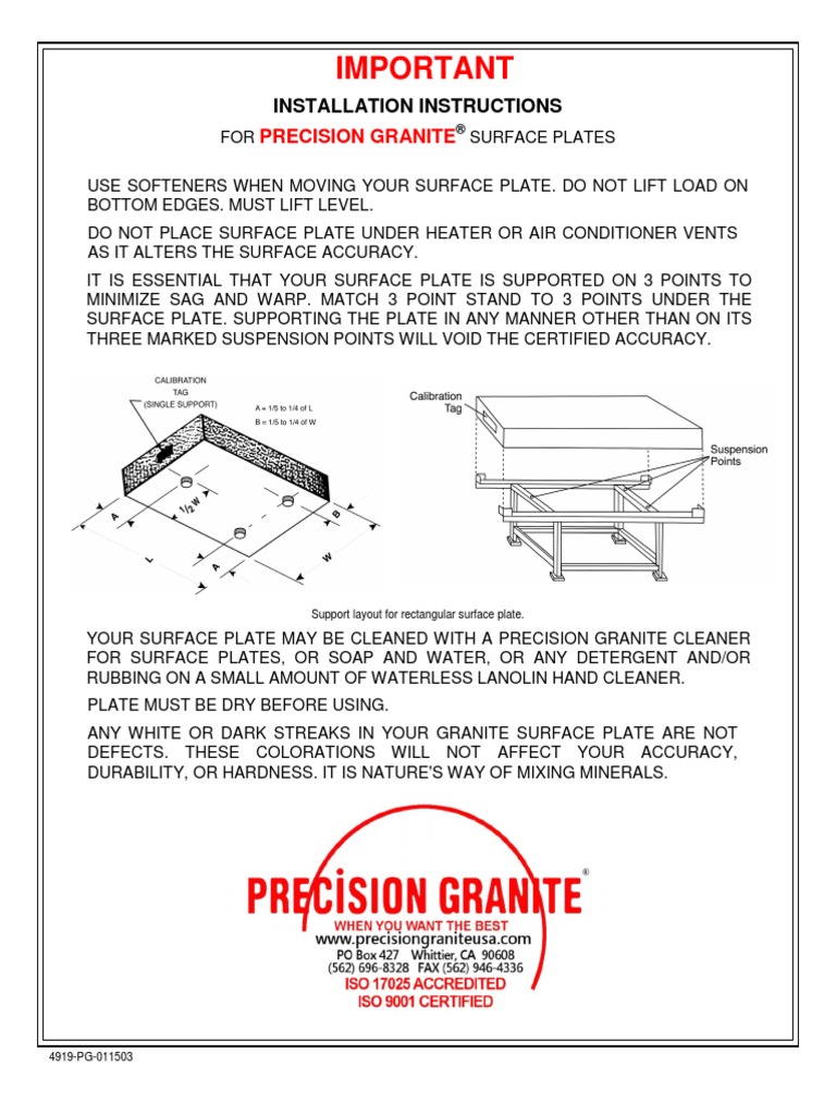 Image showcasing Precision Granite - INSTALLATION INSTRUCTIONS - SURFACE PLATES | PDF