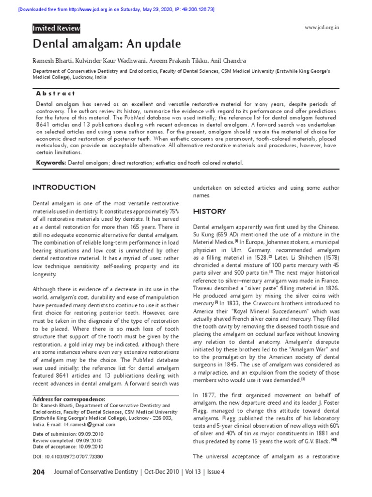 Dental Amalgam An Update Invited Review PDF Tooth Enamel Dentistry