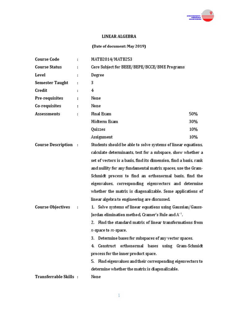 (APR2019) MATB253-MATB2014 Course Outline (NEW) | PDF | Linear Algebra ...