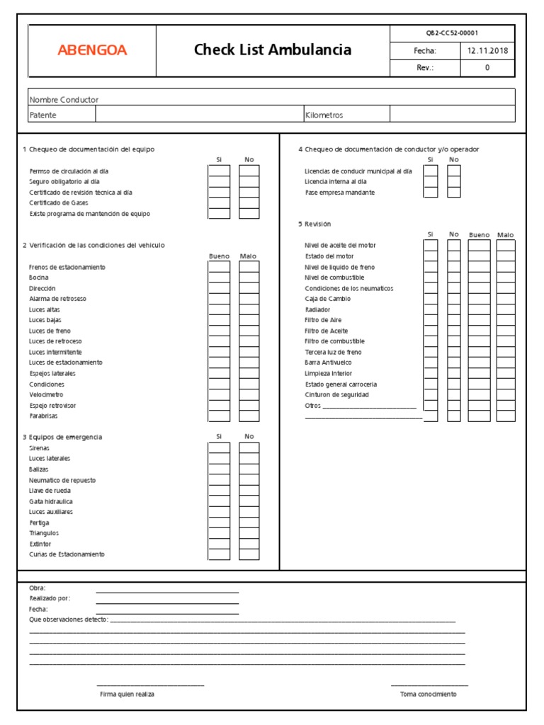 QB2-CC52-00001 Check List Ambulancia | PDF | Ambulancia | Industria