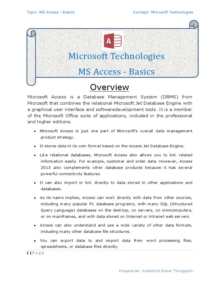 MS Access Basics Overview | PDF | Microsoft Access | Databases