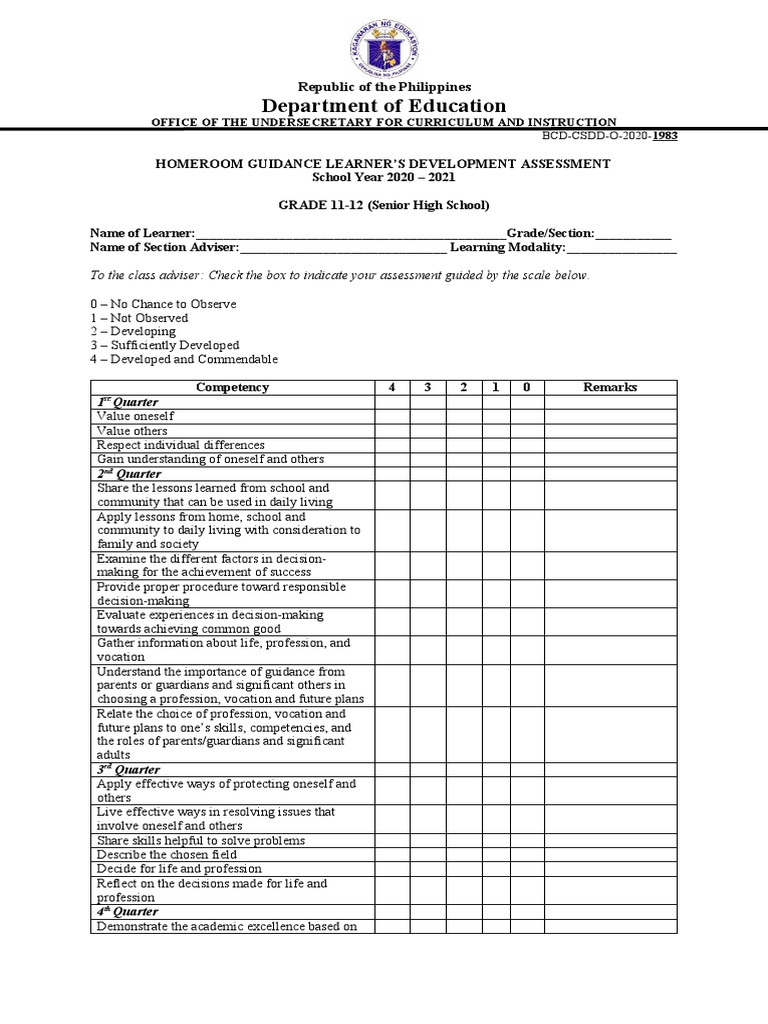 Homeroom Guidance Assessment for Grades 11-12 | PDF | Career & Growth ...