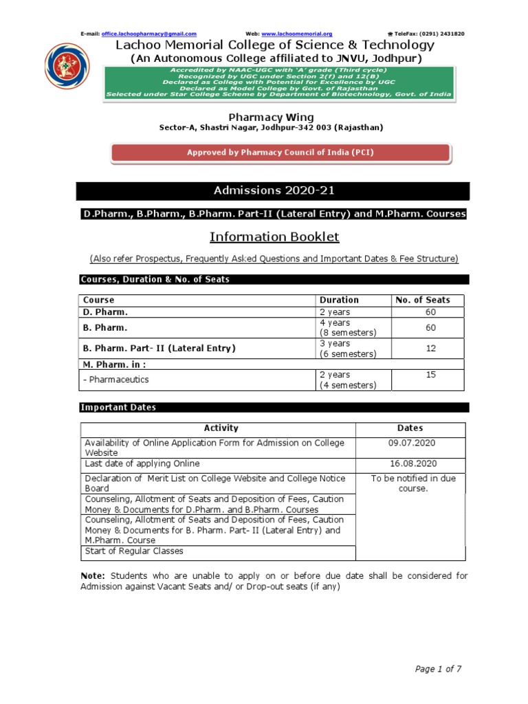 Lachoo Memorial College Pharmacy Admissions PDF University And