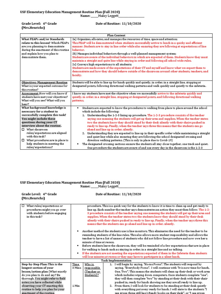 Usf l1 Management Routine Plan - Fall 2020 | PDF | Classroom | Teachers