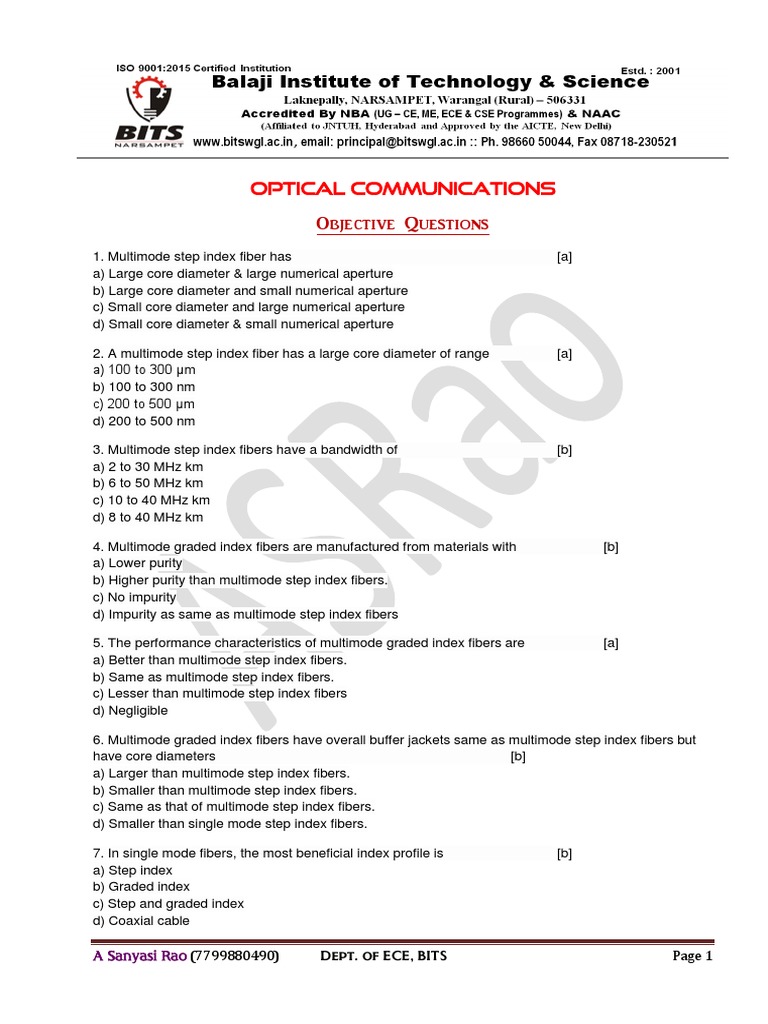 Optical Communications Objective Questions PDF Optical Fiber Dispersion (Optics)