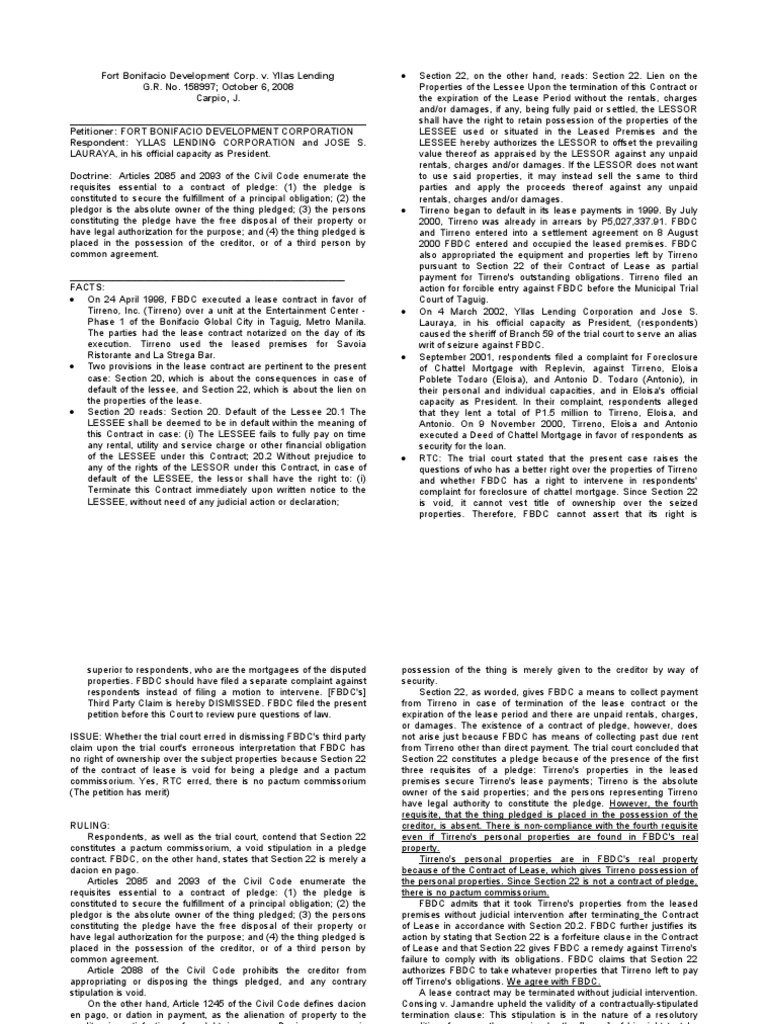 Fort Bonifacio v. Yllas Lending Case Summary | PDF | Lease | Mortgage Law