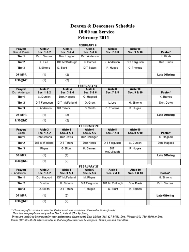 February 2011 Deacon Schedule | PDF | Christian Behaviour And Experience
