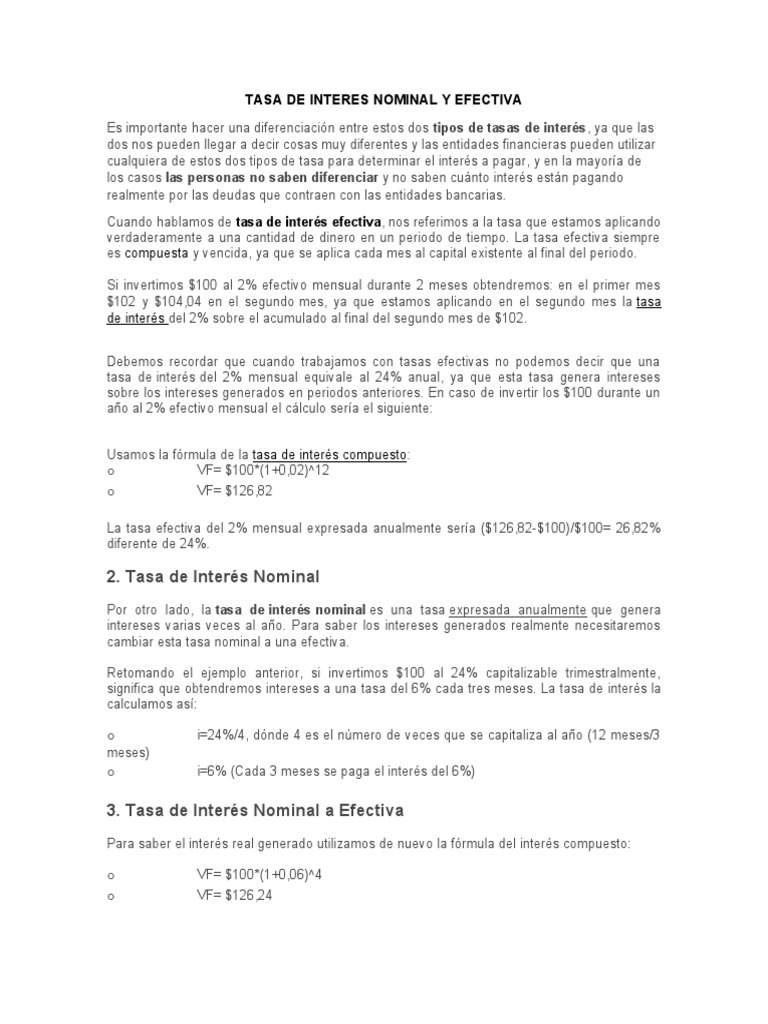 Diferencias entre Tasa Nominal y Efectiva | PDF | Tasas de interés ...