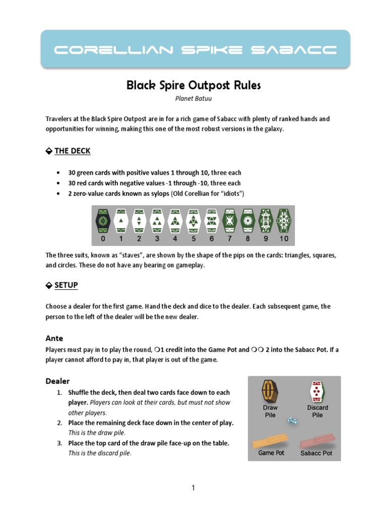 Corellian Spike Sabacc Rules | PDF | Betting In Poker | Gaming
