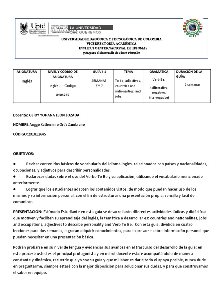 NGLÉS 1 - GUÍA1 - Semana 2 y 3 .Docx.k | PDF | Verbo | Idioma en Inglés