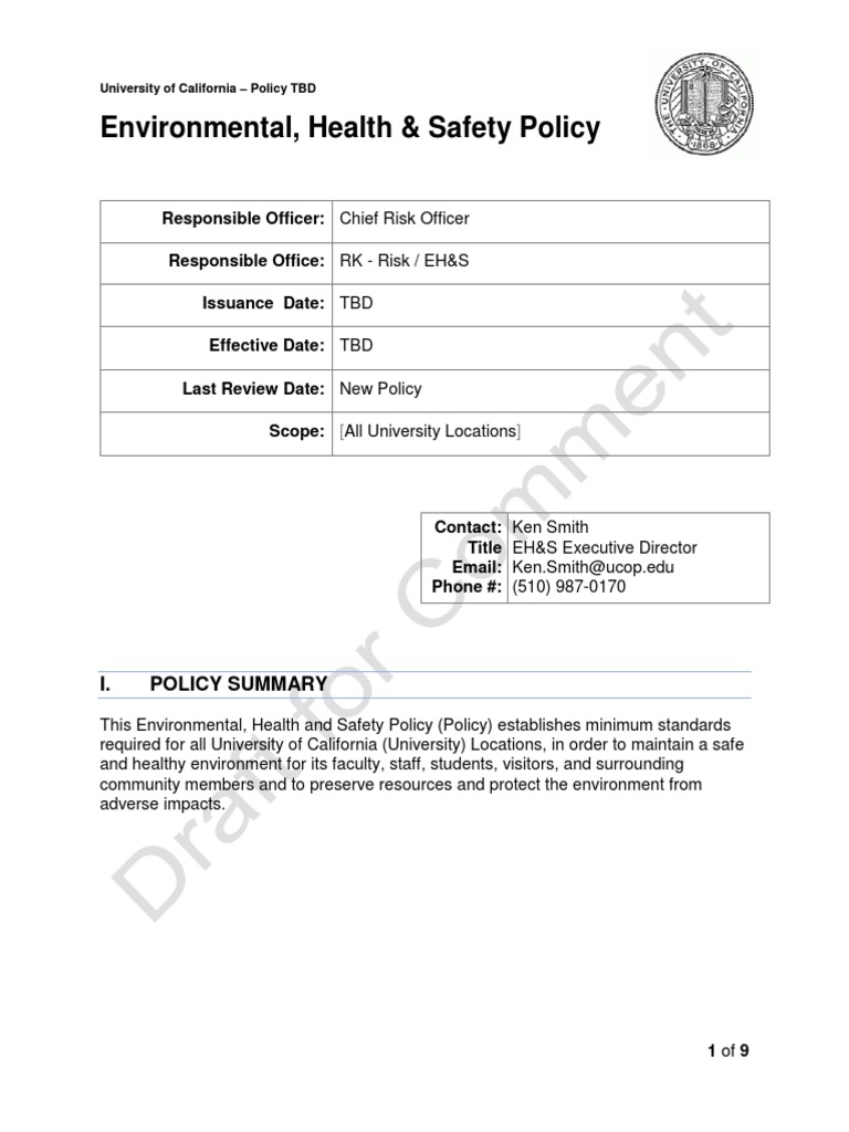 UC Environmental Health & Safety Policy | PDF | Occupational Safety And ...