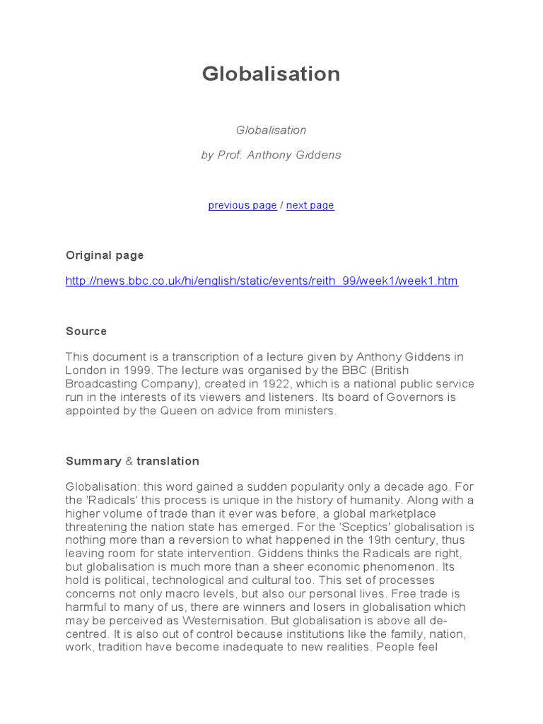 Giddens on Globalization: Key Insights | PDF | Globalization | Money
