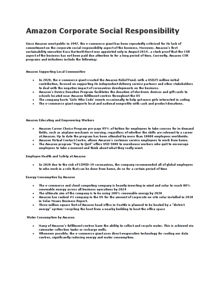 Amazon's Corporate Social Responsibility Overview | PDF | Low Carbon ...