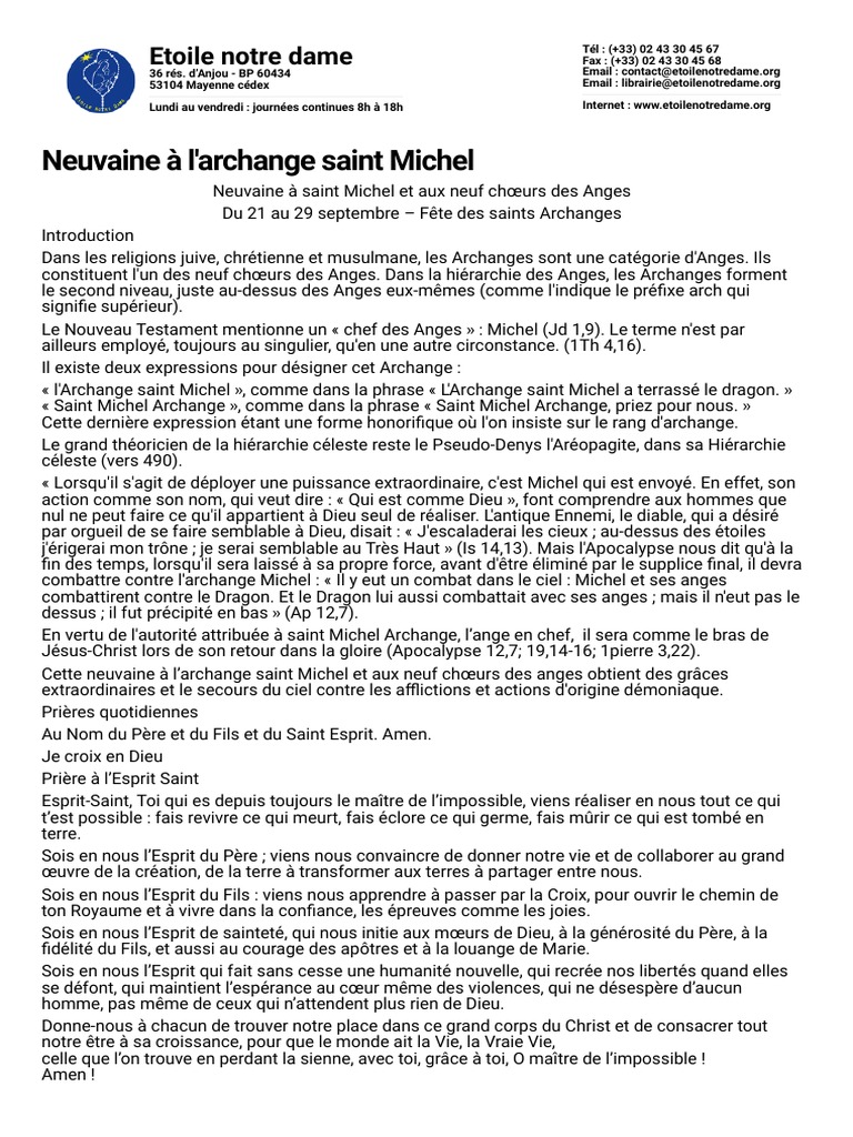 Neuvaine à Saint Michel Archange Du 21 Au 29 Septembre Neuvaine À L'archange Saint Michel - Etoile Notre Dame - 1600770829204 |  PDF | Michel (archange) | Archange