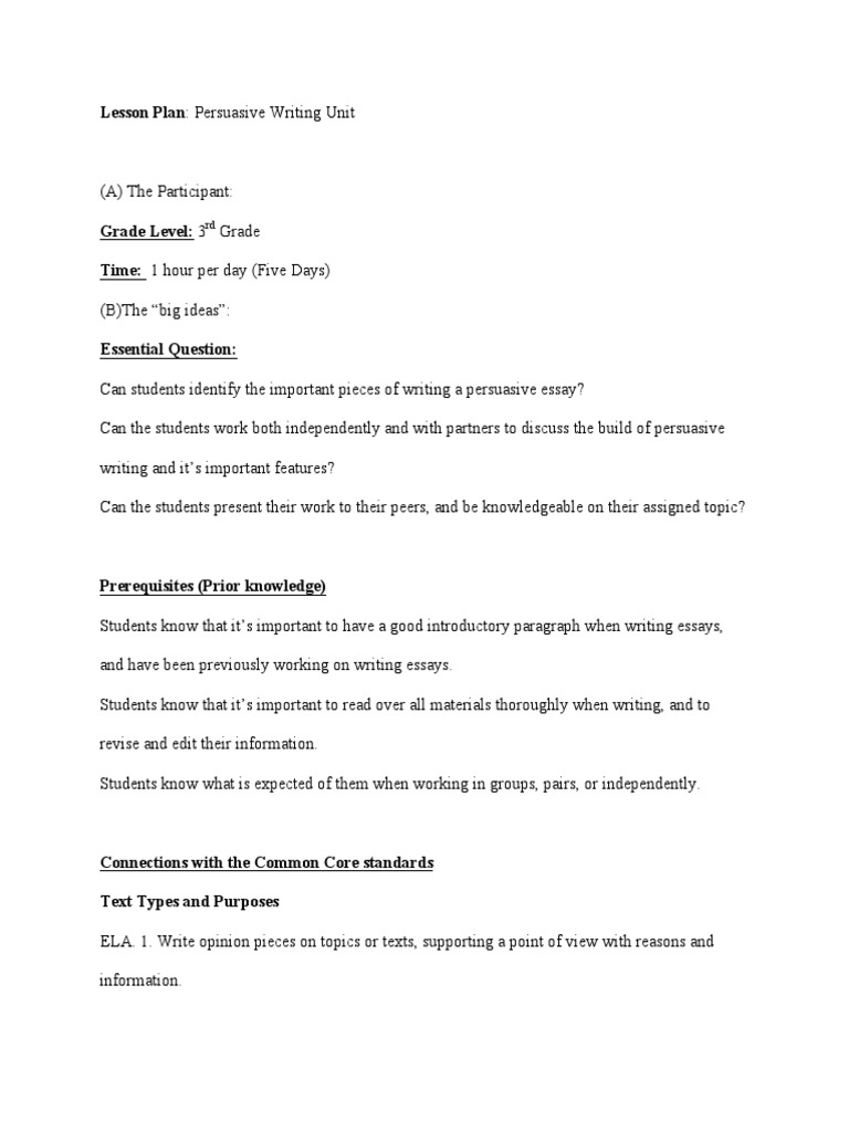 3rd Grade Persuasive Writing Lesson Plan | PDF | Persuasion | Essays
