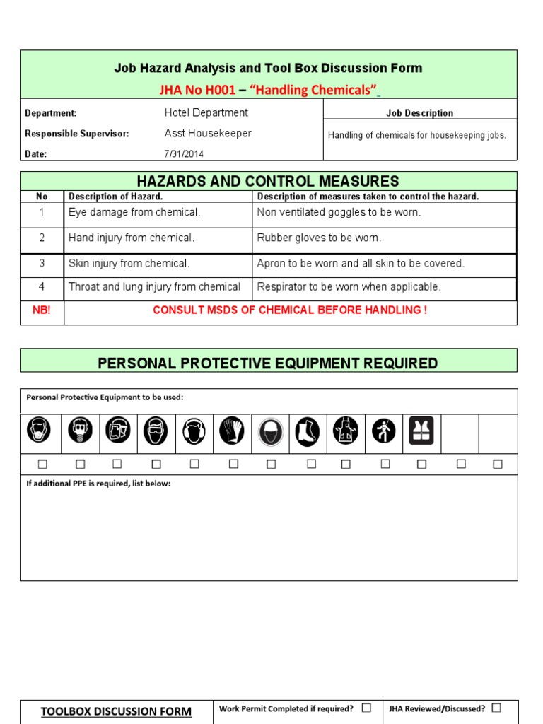 JHA No H001 "Handling Chemicals" Job Hazard Analysis and Tool Box