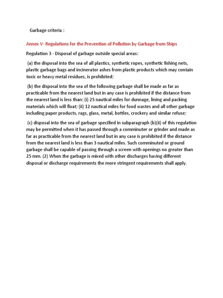 Annex V-Regulations For The Prevention of Pollution by Garbage From ...