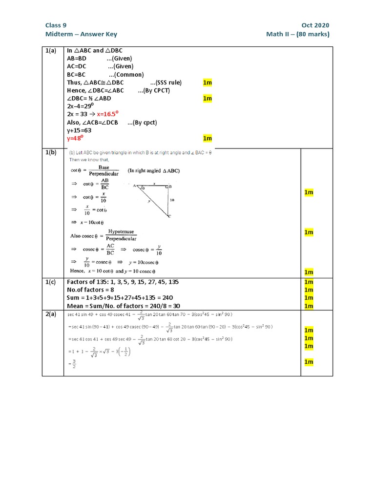 Class 9 Oct 2020 Midterm - Answer Key Math II - (80 Marks) | PDF ...