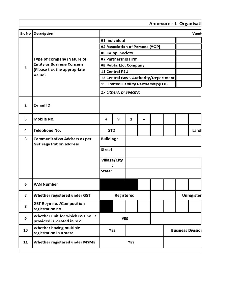 Annexure 1 Organisation and Tax Related Details Sr. No Description