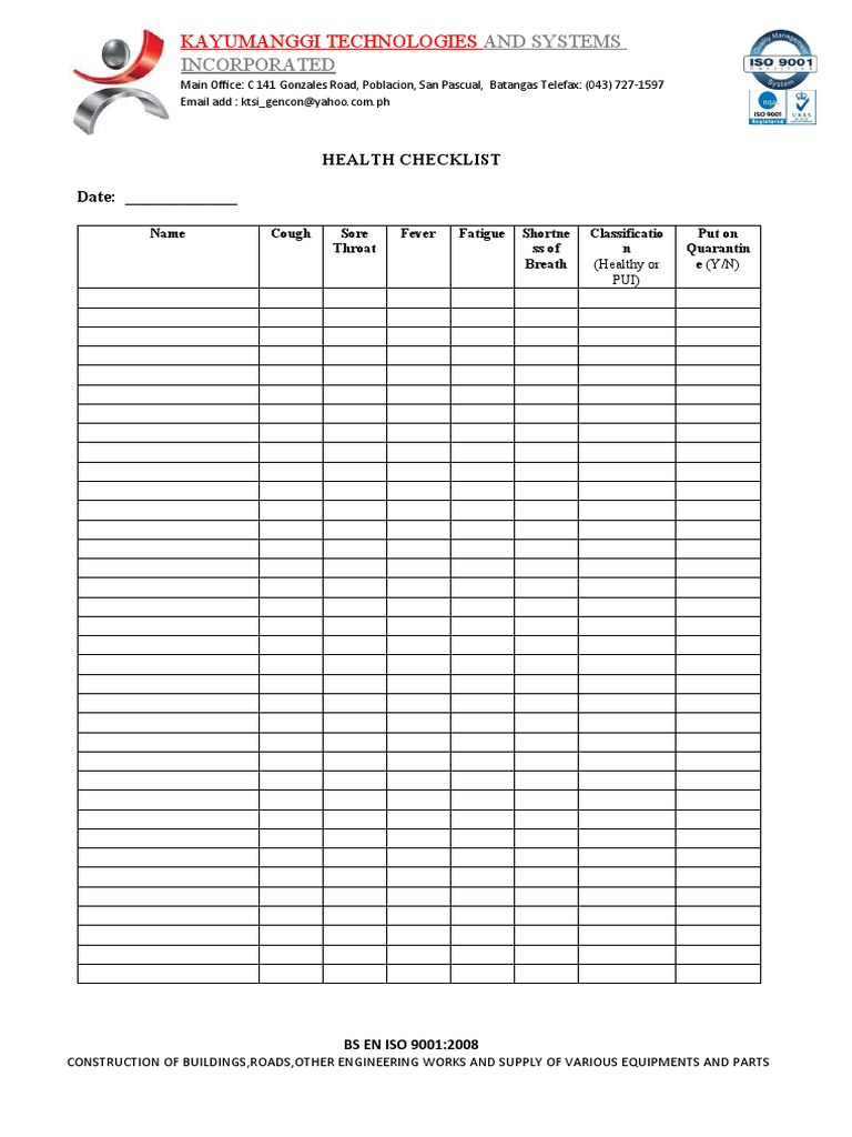 Appendix B - Health Checklist | PDF