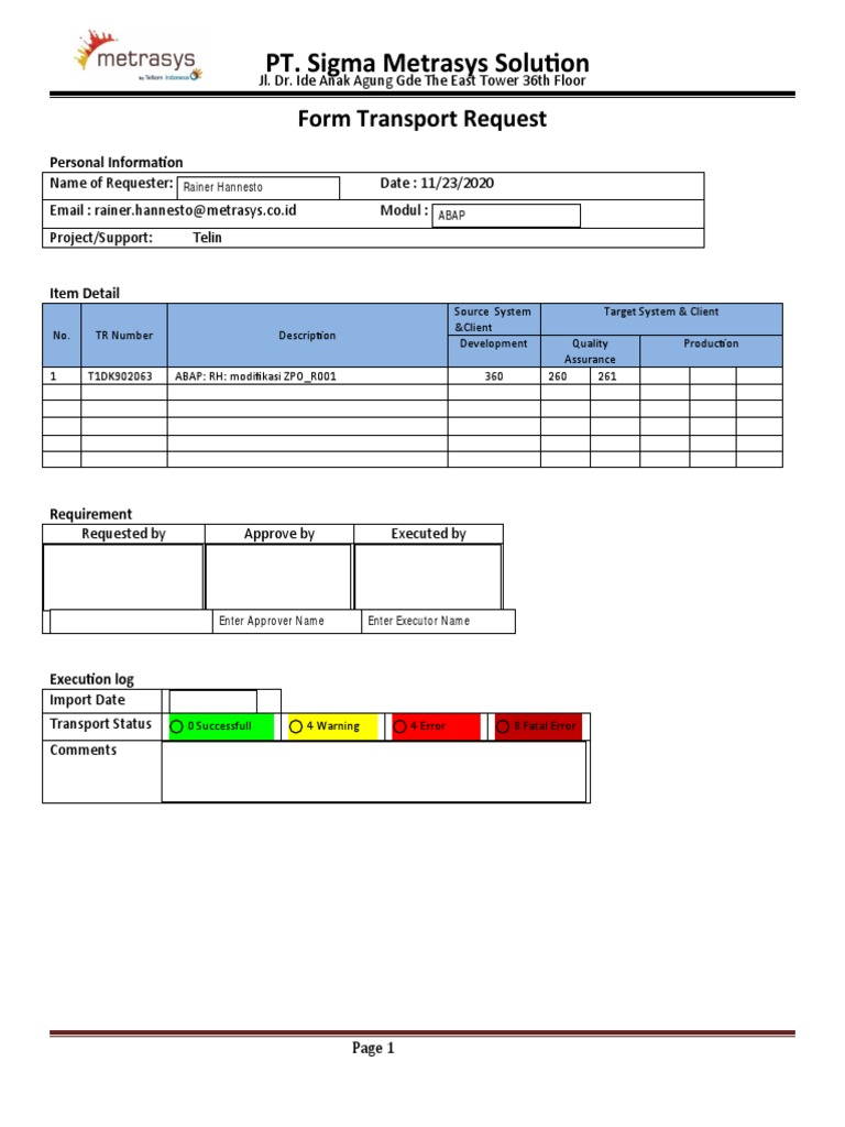 Transport Request for Metrasys Project | PDF